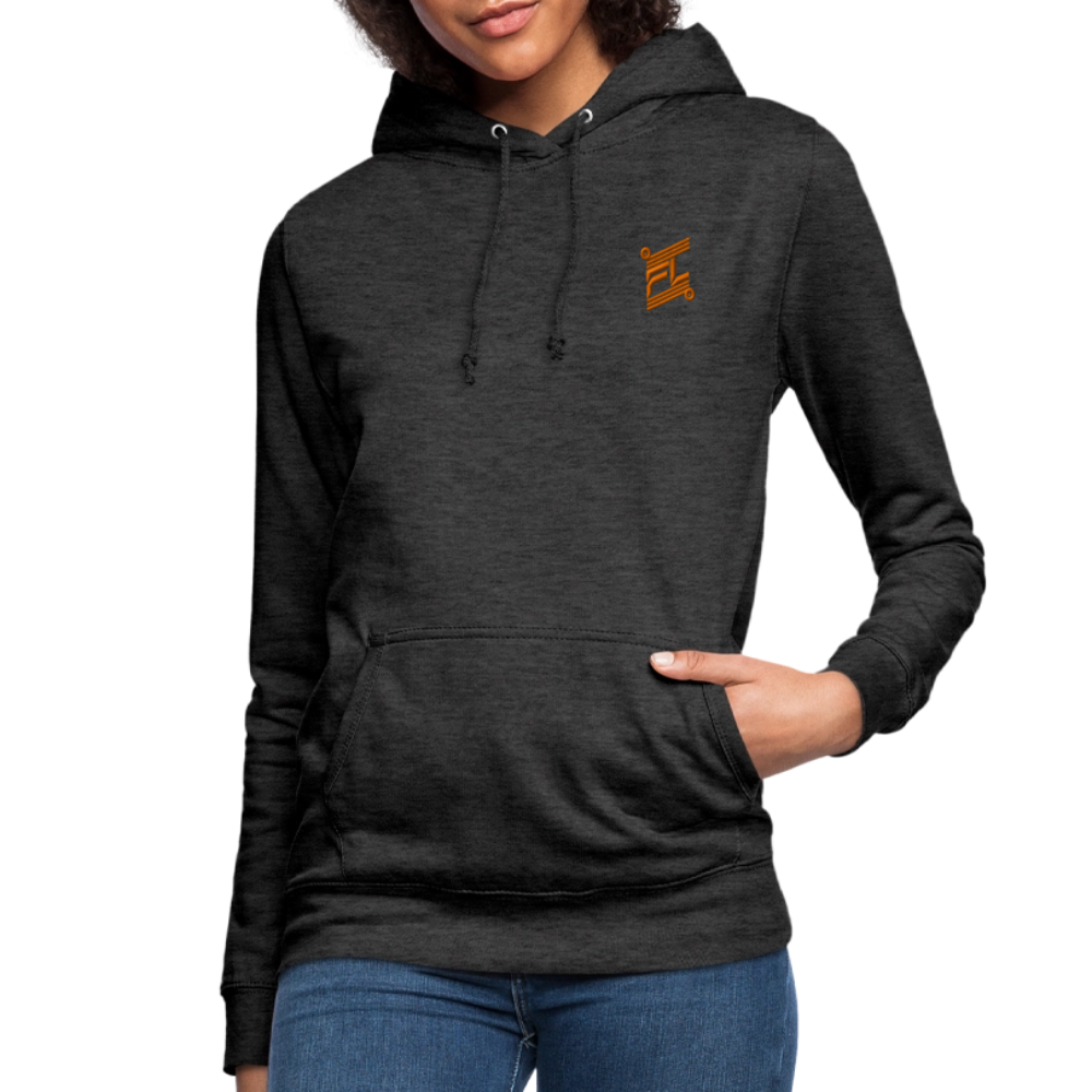 Sweat à capuche femme FL-FIT charbon porté mannequin vue trois-quarts, coupe confort, capuche doublée, logo FL-FIT orange brodé sur la poitrine gauche, fond blanc
