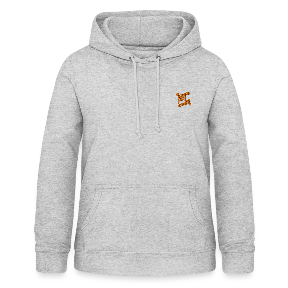 Sweat à capuche femme FL-FIT gris clair chiné vue de face à plat, coupe confort, capuche doublée, logo FL-FIT orange brodé sur la poitrine gauche, fond blanc