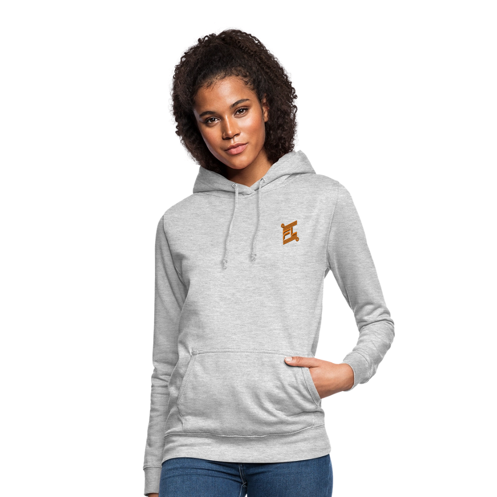 Sweat à capuche femme FL-FIT gris clair chiné porté mannequin vue de face, coupe confort, capuche doublée, logo FL-FIT orange brodé sur la poitrine gauche, fond blanc
