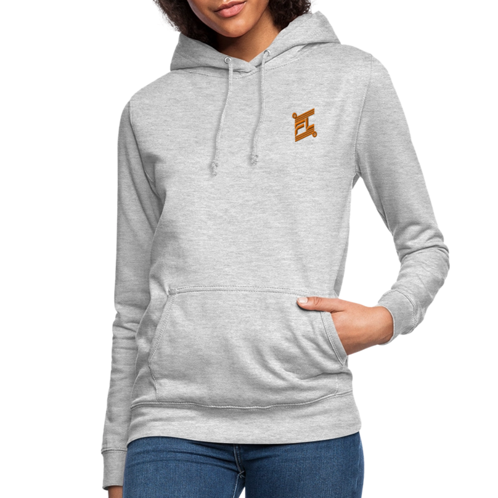 Sweat à capuche femme FL-FIT gris clair chiné vue de face à plat, coupe confort, capuche doublée, logo FL-FIT orange brodé sur la poitrine gauche, fond blanc