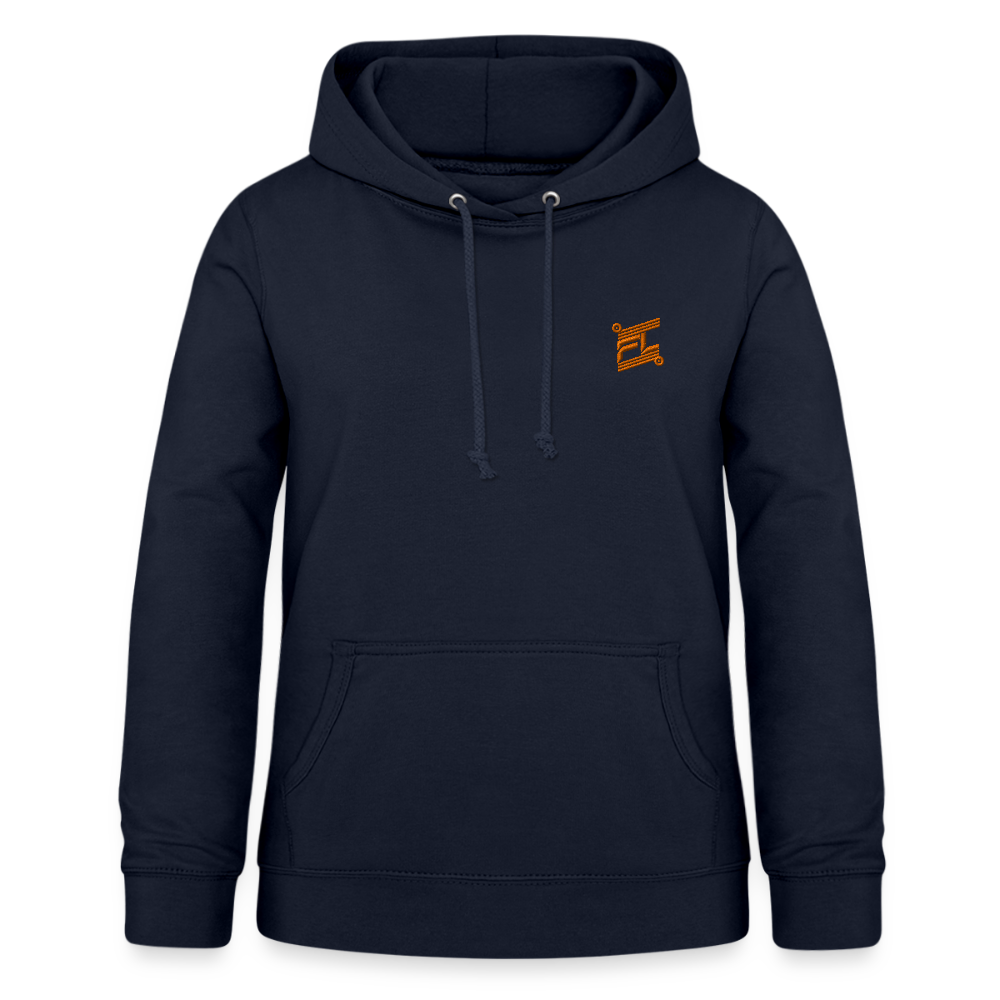 Sweat à capuche femme FL-FIT marine vue de face à plat, coupe confort, capuche doublée, logo FL-FIT orange brodé sur la poitrine gauche, fond blanc