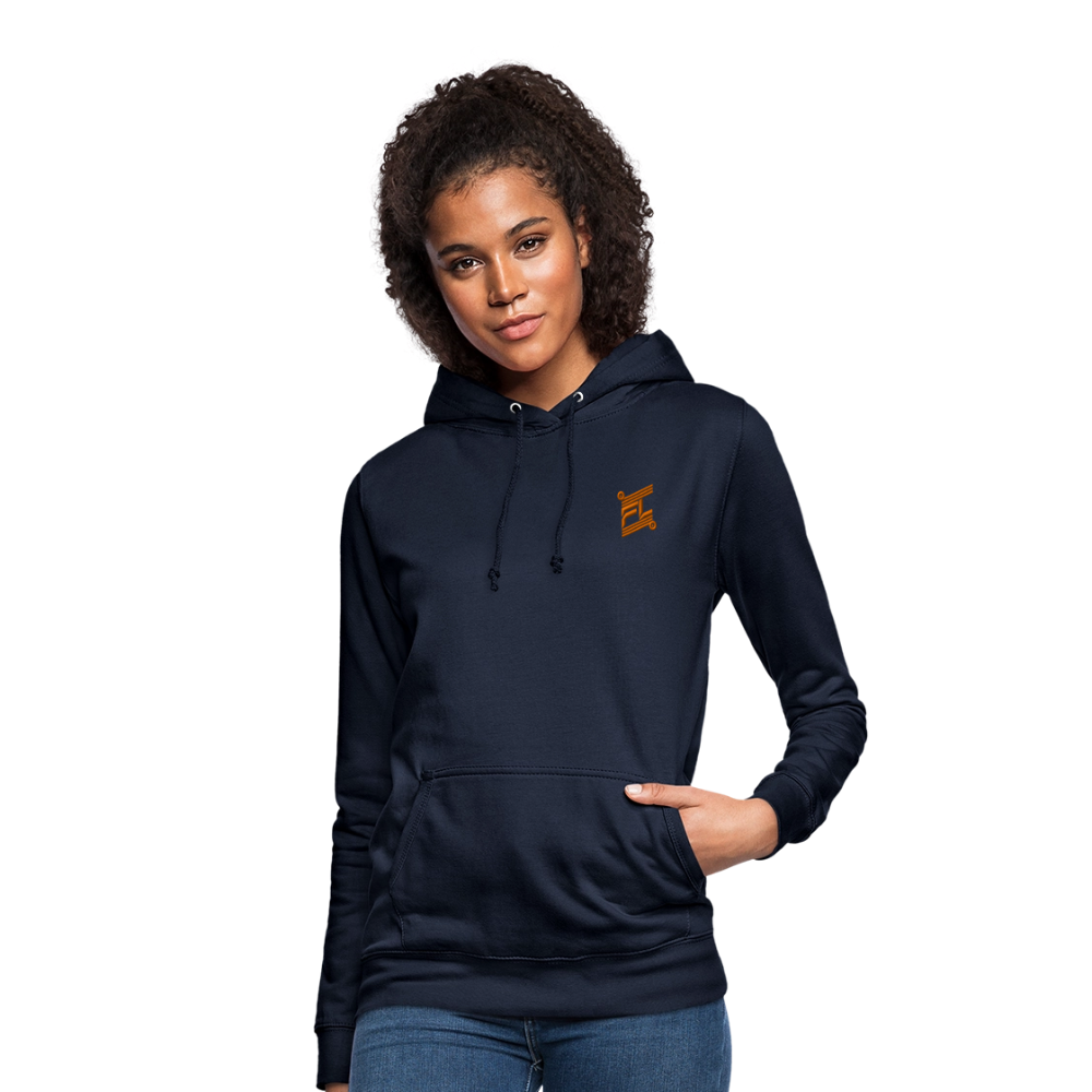 Sweat à capuche femme FL-FIT marine porté mannequin vue de face, coupe confort, capuche doublée, logo FL-FIT orange brodé sur la poitrine gauche, fond blanc