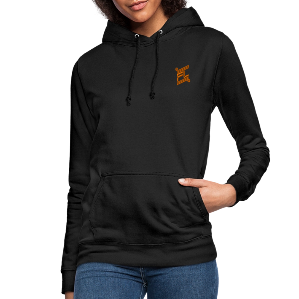 Sweat à capuche femme FL-FIT noir porté mannequin vue trois-quarts, coupe confort, capuche doublée, logo FL-FIT orange brodé sur la poitrine gauche, fond blanc