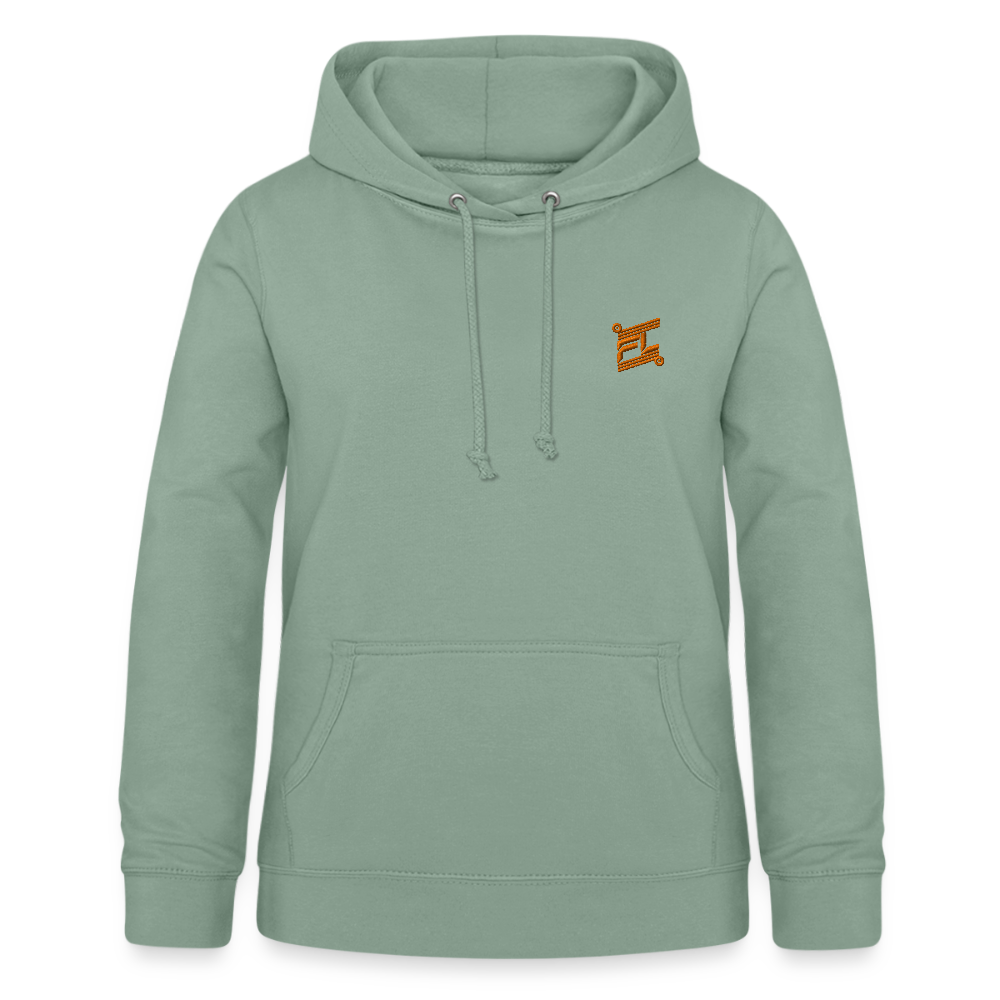 Sweat à capuche femme FL-FIT vert-de-gris porté mannequin vue de face, coupe confort, capuche doublée, logo FL-FIT orange brodé sur la poitrine gauche, fond blanc