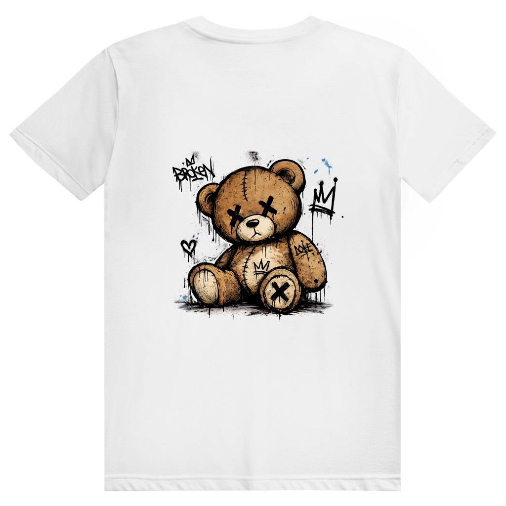FL-FIT T-shirt Broken Bear — unisexe, blanc, ours peluche yeux croix, tags et coulures peinture noire