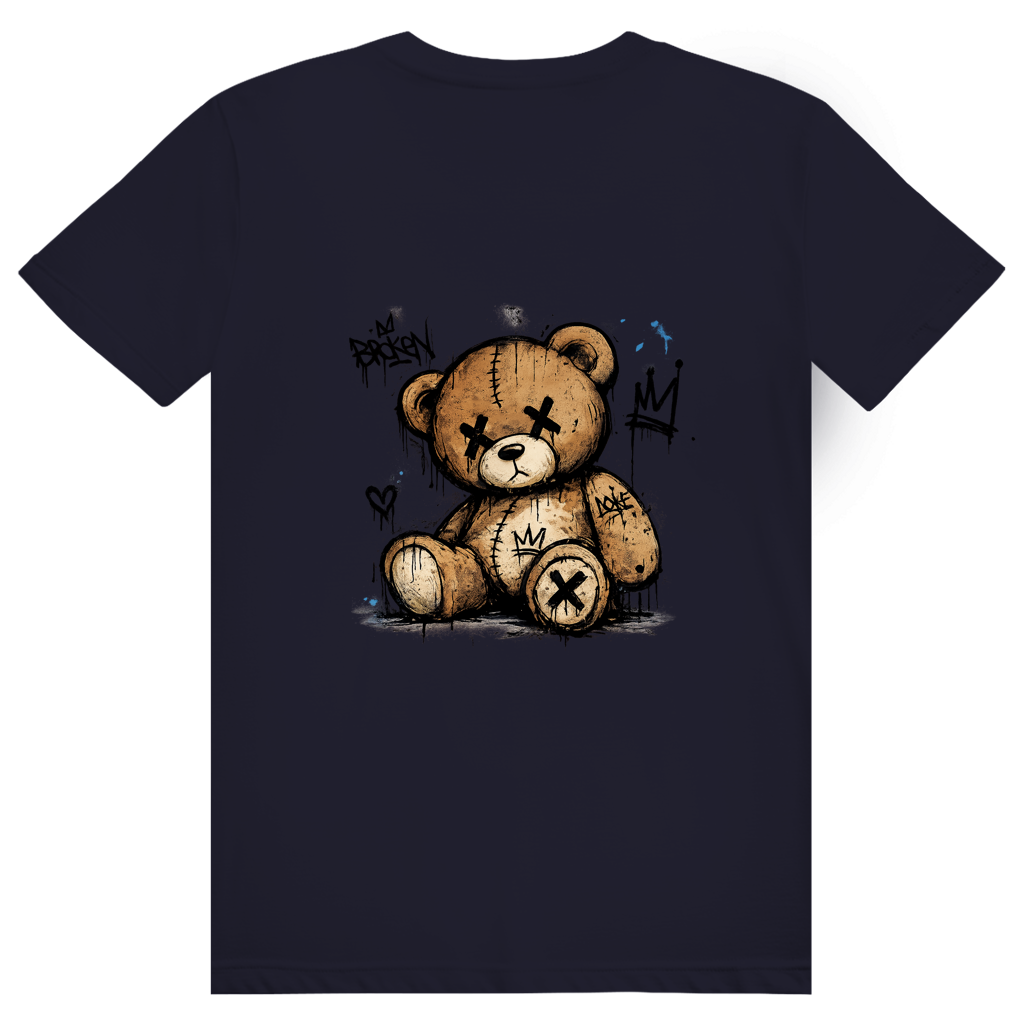 FL-FIT T-shirt Broken Bear — unisexe, bleu fonce, ours peluche yeux croix, tags et coulures peinture noire