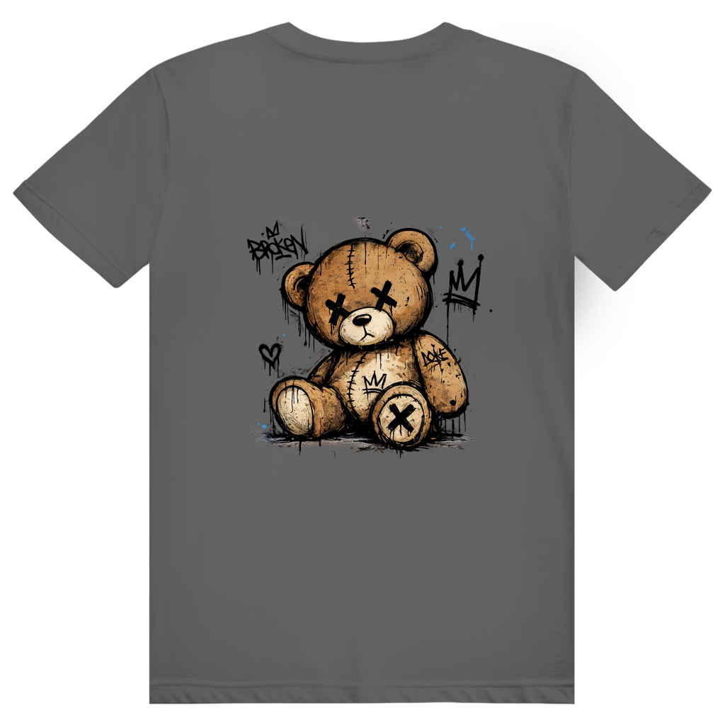 FL-FIT T-shirt Broken Bear — unisexe, gris anthracite, ours peluche yeux croix, tags et coulures peinture noire
