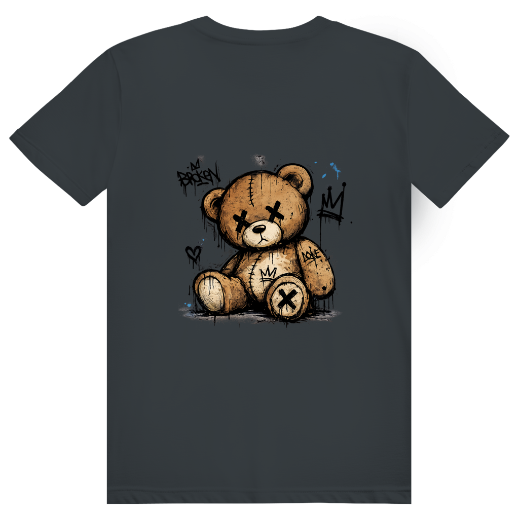 FL-FIT T-shirt Broken Bear — unisexe, gris foncé, ours peluche yeux croix, tags et coulures peinture noire