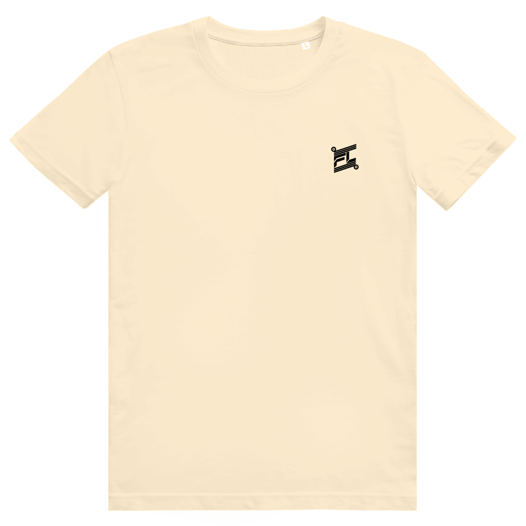 FL-FIT T-shirt — homme, beege, coupe classique, logo FL noir discret poitrine, dos graphique
