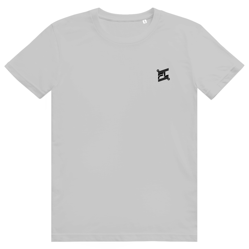 FL-FIT T-shirt — homme, gris, coupe classique, logo FL noir discret poitrine, dos graphique

