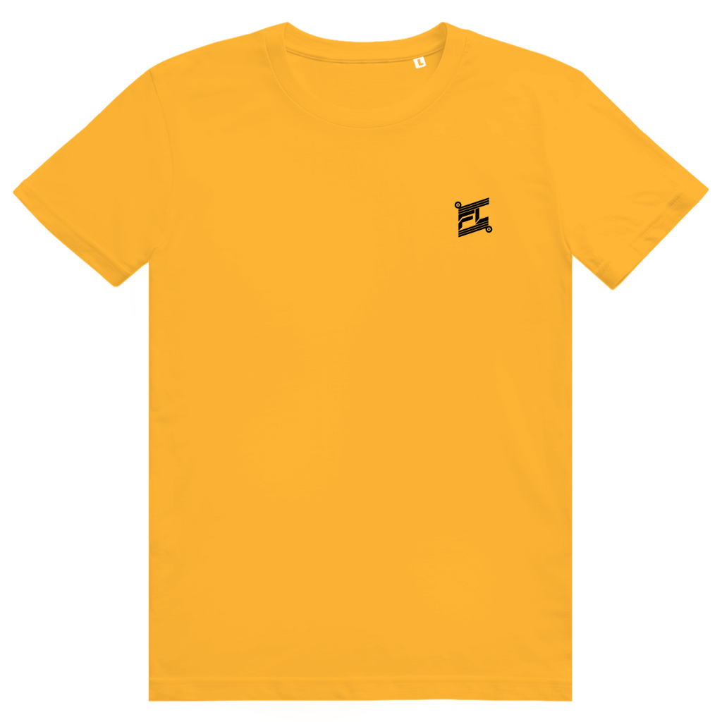 FL-FIT T-shirt — homme, jaune, coupe classique, logo FL noir discret poitrine, dos graphique