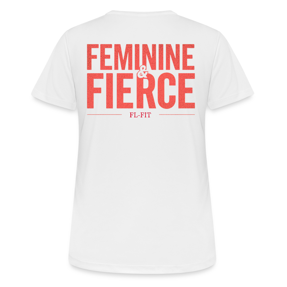 T-shirt respirant femme FL-FIT collection Feminine & Fierce, couleur blanc, vue de dos, coupe sport ajustée, manches courtes, col rond, matière technique respirante, logo FL-FIT noté au dos, fond blanc