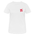 T-shirt respirant femme FL-FIT collection Feminine & Fierce, couleur blanc, vue de face, coupe sport ajustée, manches courtes, col rond, matière technique respirante légère évacuant la transpiration, logo FL-FIT noté sur la poitrine, fond blanc