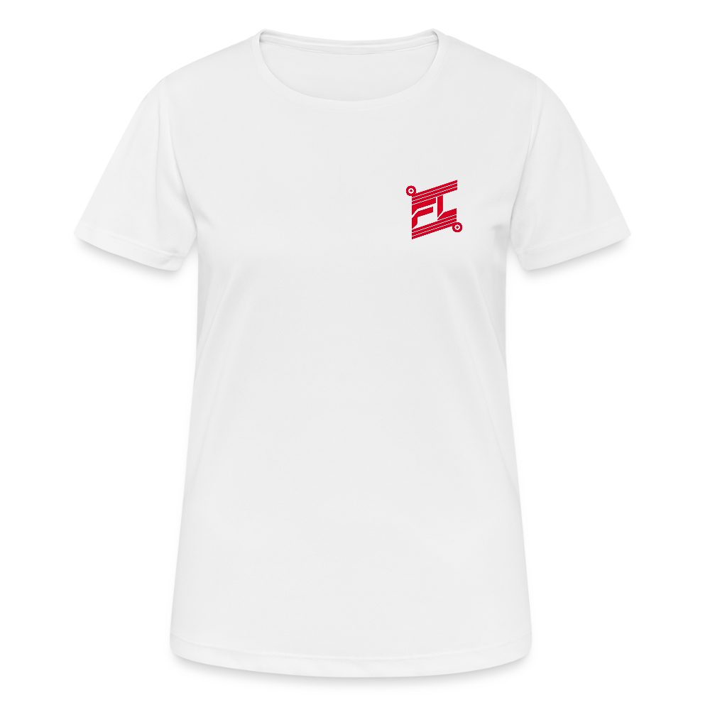 T-shirt respirant femme FL-FIT collection Feminine & Fierce, couleur blanc, vue de face, coupe sport ajustée, manches courtes, col rond, matière technique respirante légère évacuant la transpiration, logo FL-FIT noté sur la poitrine, fond blanc