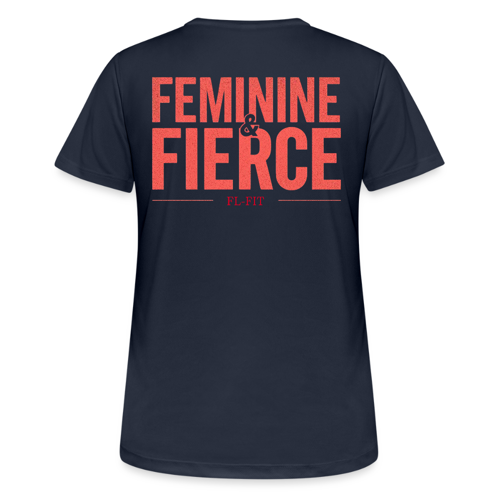 T-shirt respirant femme FL-FIT collection Feminine & Fierce, couleur bleu marine foncé, vue de dos, coupe sport ajustée, manches courtes, col rond, matière technique respirante, logo FL-FIT noté au dos, fond blanc