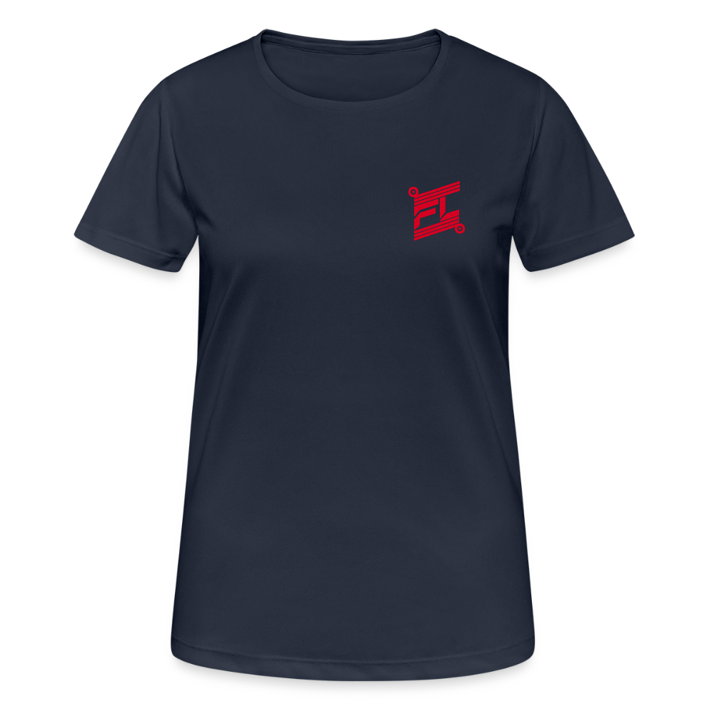 T-shirt respirant femme FL-FIT collection Feminine & Fierce, couleur bleu marine foncé, vue de face, coupe sport ajustée, manches courtes, col rond, matière technique respirante légère évacuant la transpiration, logo FL-FIT noté sur la poitrine, fond blanc