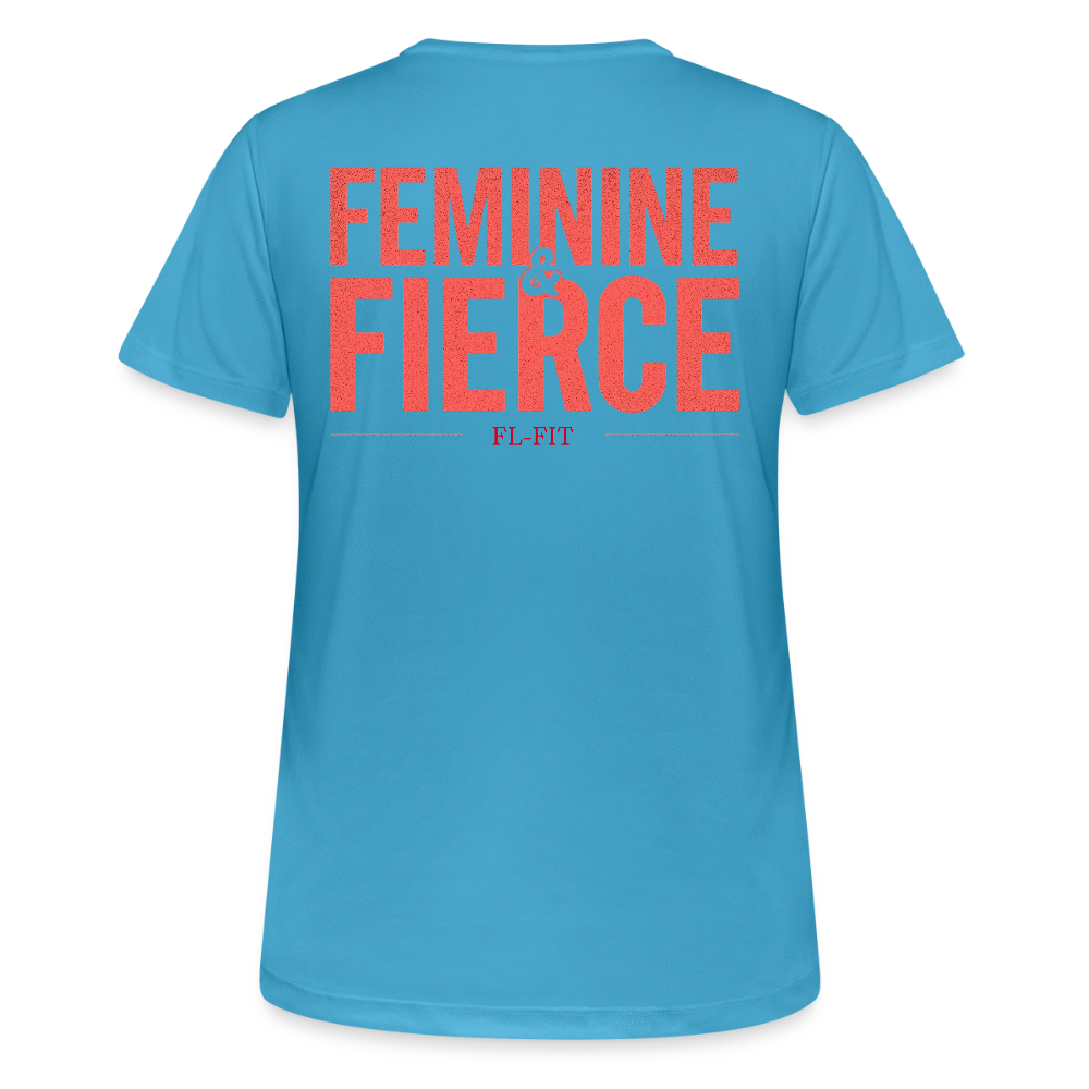 T-shirt respirant femme FL-FIT collection Feminine & Fierce, couleur bleu saphir, vue de dos, coupe sport ajustée, manches courtes, col rond, matière technique respirante, logo FL-FIT noté au dos, fond blanc
