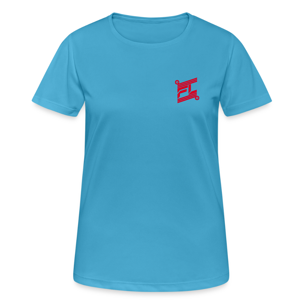 T-shirt respirant femme FL-FIT collection Feminine & Fierce, couleur bleu saphir, vue de face, coupe sport ajustée, manches courtes, col rond, matière technique respirante légère, logo FL-FIT noté sur la poitrine, fond blanc