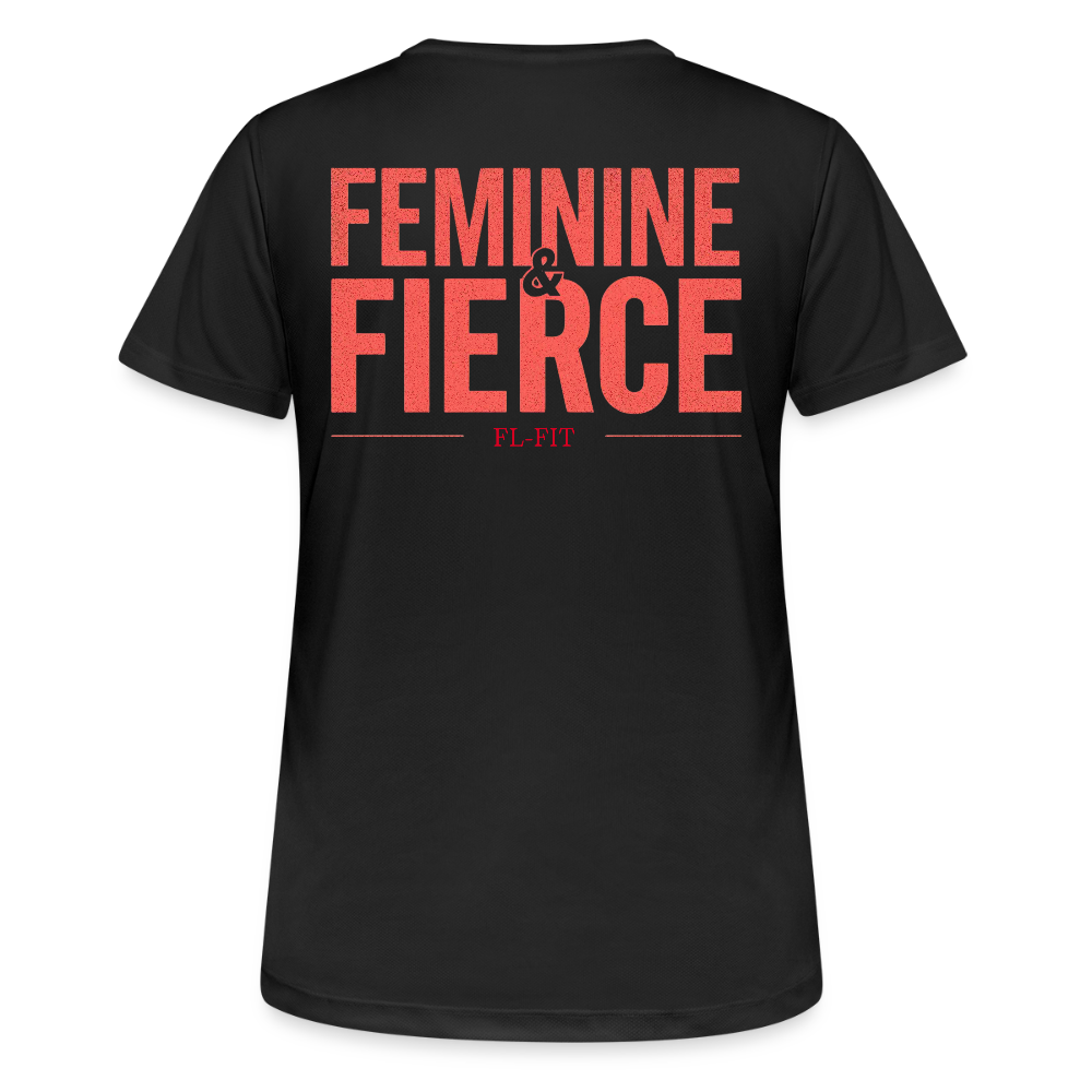 T-shirt respirant femme FL-FIT collection Feminine & Fierce, couleur noir, vue de dos, coupe sport ajustée, manches courtes, col rond, matière technique respirante, logo FL-FIT noté au dos, fond blanc