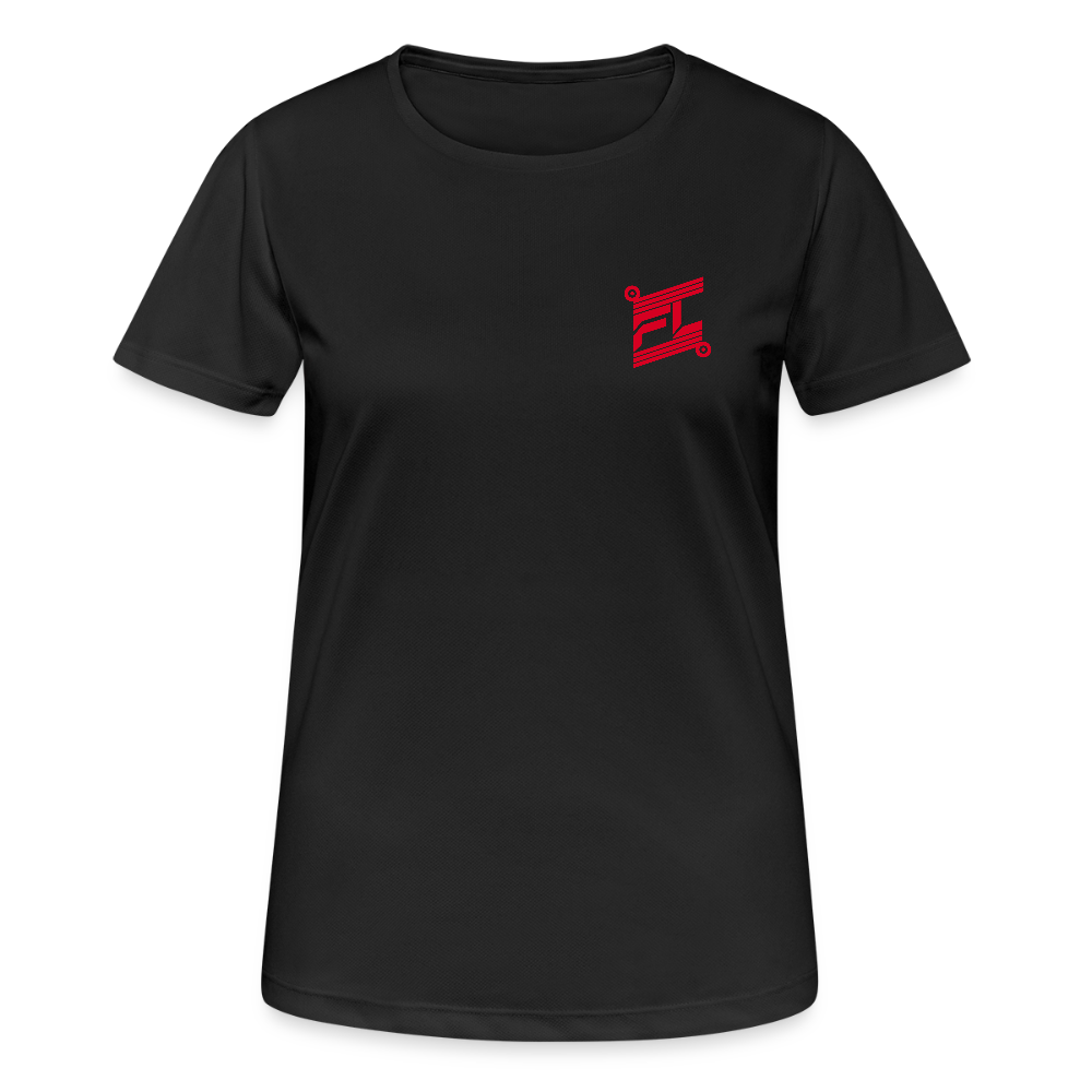 T-shirt respirant femme FL-FIT collection Feminine & Fierce, couleur noir, vue de face, coupe sport ajustée, manches courtes, col rond, matière technique respirante légère, logo FL-FIT noté sur la poitrine, fond blanc