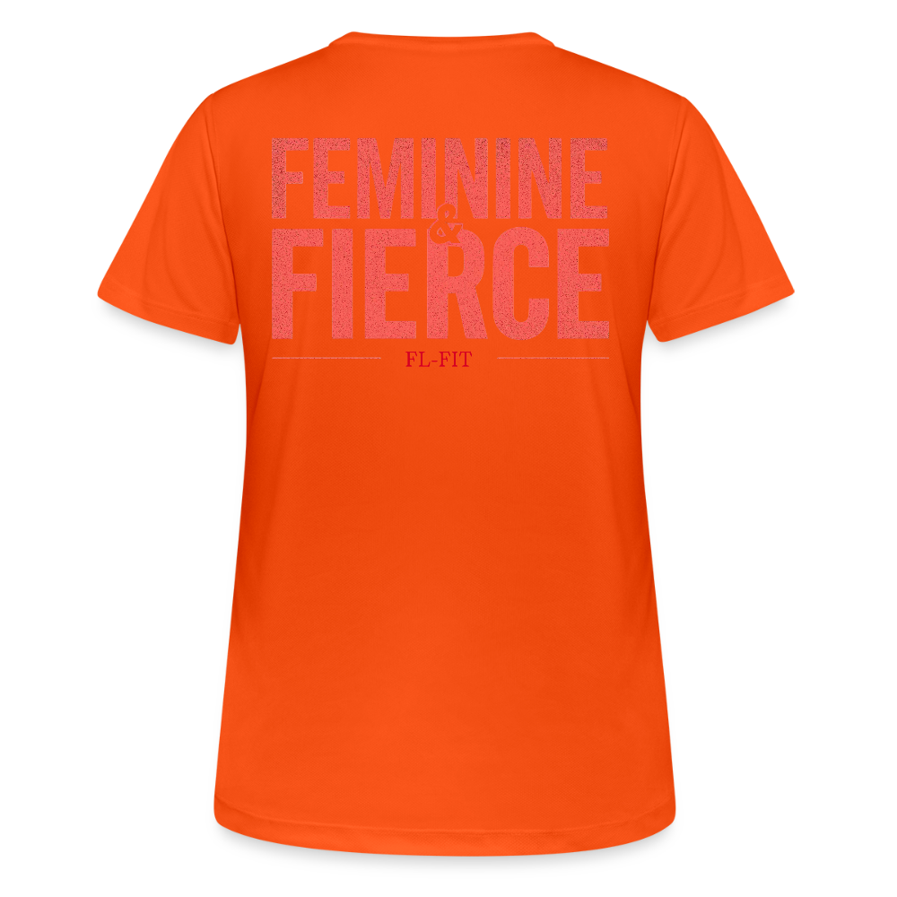 T-shirt respirant femme FL-FIT collection Feminine & Fierce, couleur orange néon, vue de dos, coupe sport ajustée, manches courtes, col rond, matière technique respirante, logo FL-FIT noté au dos, fond blanc
