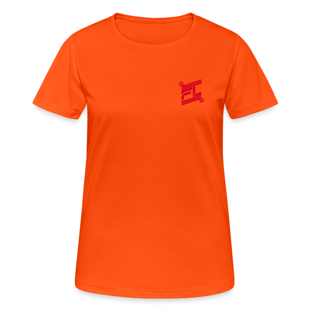 T-shirt respirant femme FL-FIT collection Feminine & Fierce, couleur orange néon, vue de face, coupe sport ajustée, manches courtes, col rond, matière technique respirante légère, logo FL-FIT noté sur la poitrine, fond blanc