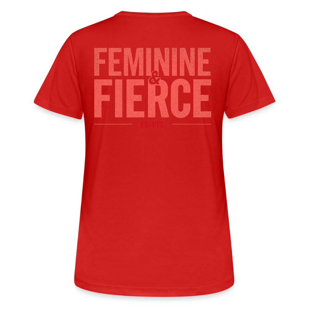 T-shirt respirant femme FL-FIT collection Feminine & Fierce, couleur rouge, vue de dos, coupe sport ajustée, manches courtes, col rond, matière technique respirante, logo FL-FIT noté au dos, fond blanc