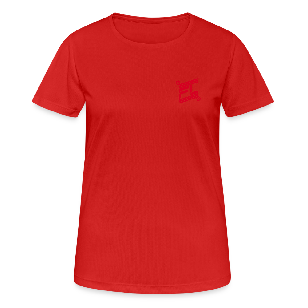 T-shirt respirant femme FL-FIT collection Feminine & Fierce, couleur rouge, vue de face, coupe sport ajustée, manches courtes, col rond, matière technique respirante légère, logo FL-FIT noté sur la poitrine, fond blanc