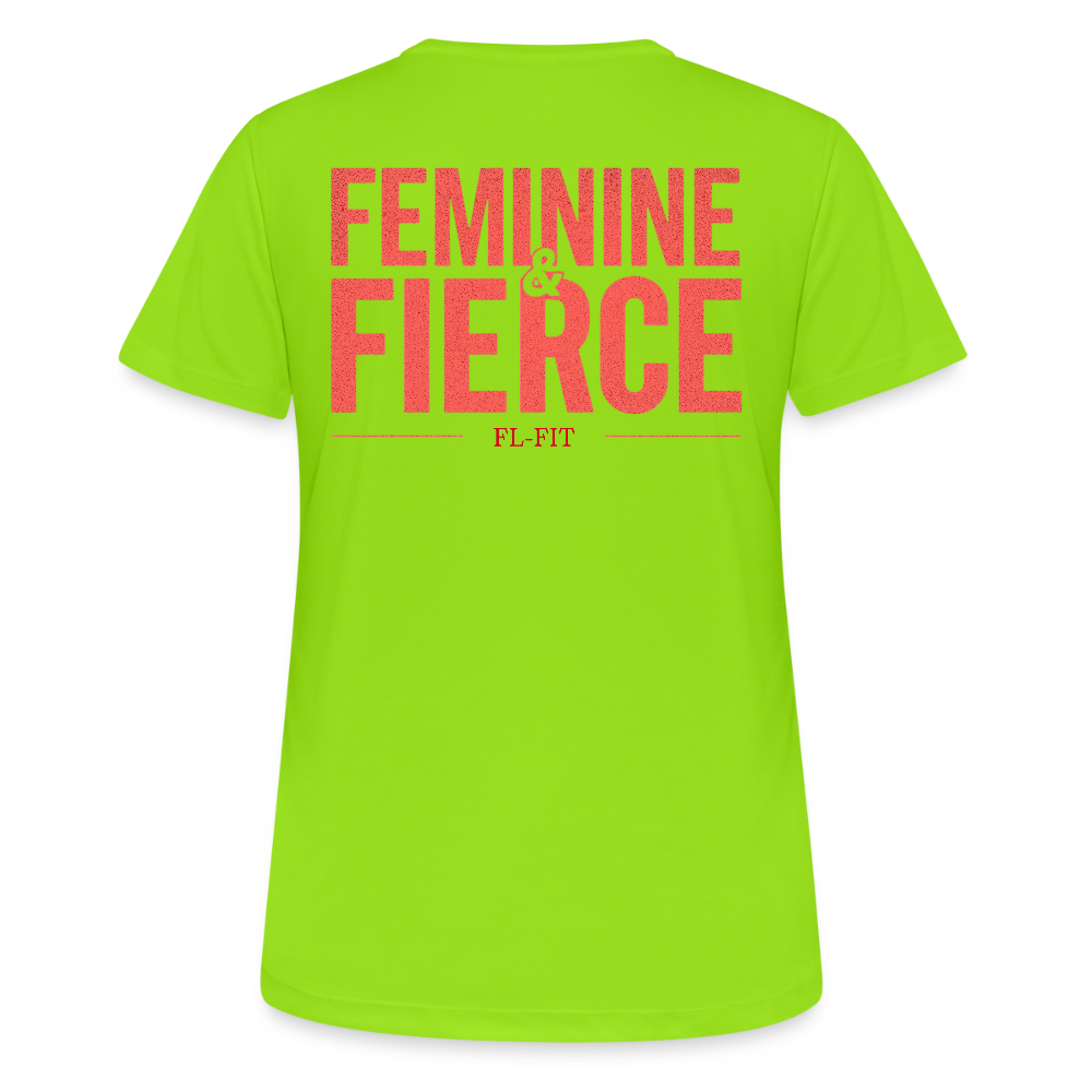 T-shirt respirant femme FL-FIT collection Feminine & Fierce, couleur vert néon, vue de dos, coupe sport ajustée, manches courtes, col rond, matière technique respirante, logo FL-FIT noté au dos, fond blanc
