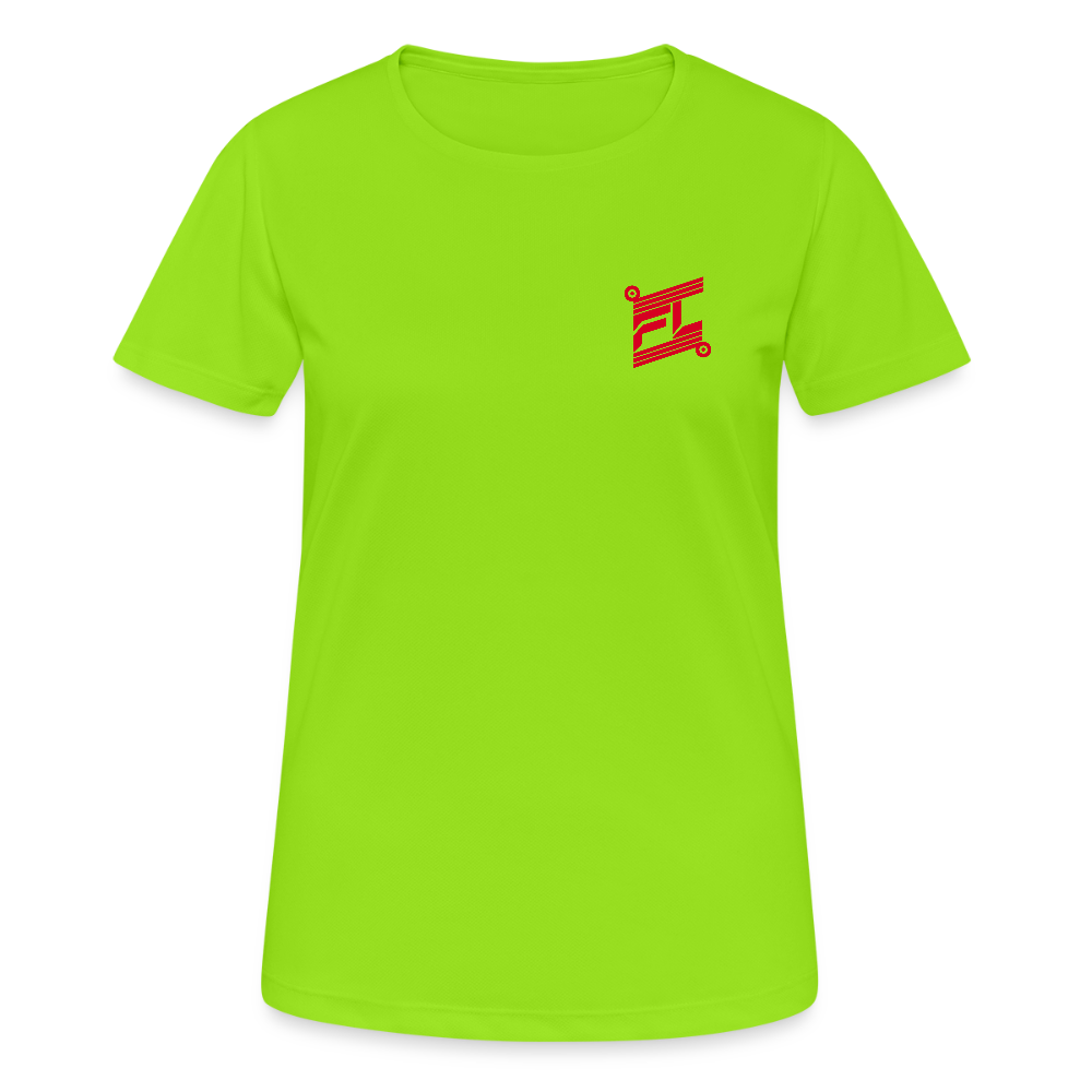 T-shirt respirant femme FL-FIT collection Feminine & Fierce, couleur vert néon, vue de face, coupe sport ajustée, manches courtes, col rond, matière technique respirante légère évacuant la transpiration, logo FL-FIT noté sur la poitrine, fond blanc