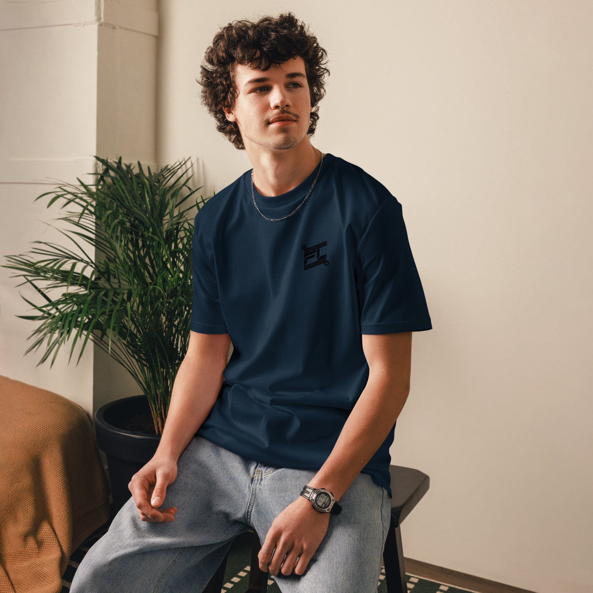 FL-FIT T-shirt oversize — homme, bleu marine, face avant, logo FL brodé poitrine, tombé ample épaules, coton bio, intemporel