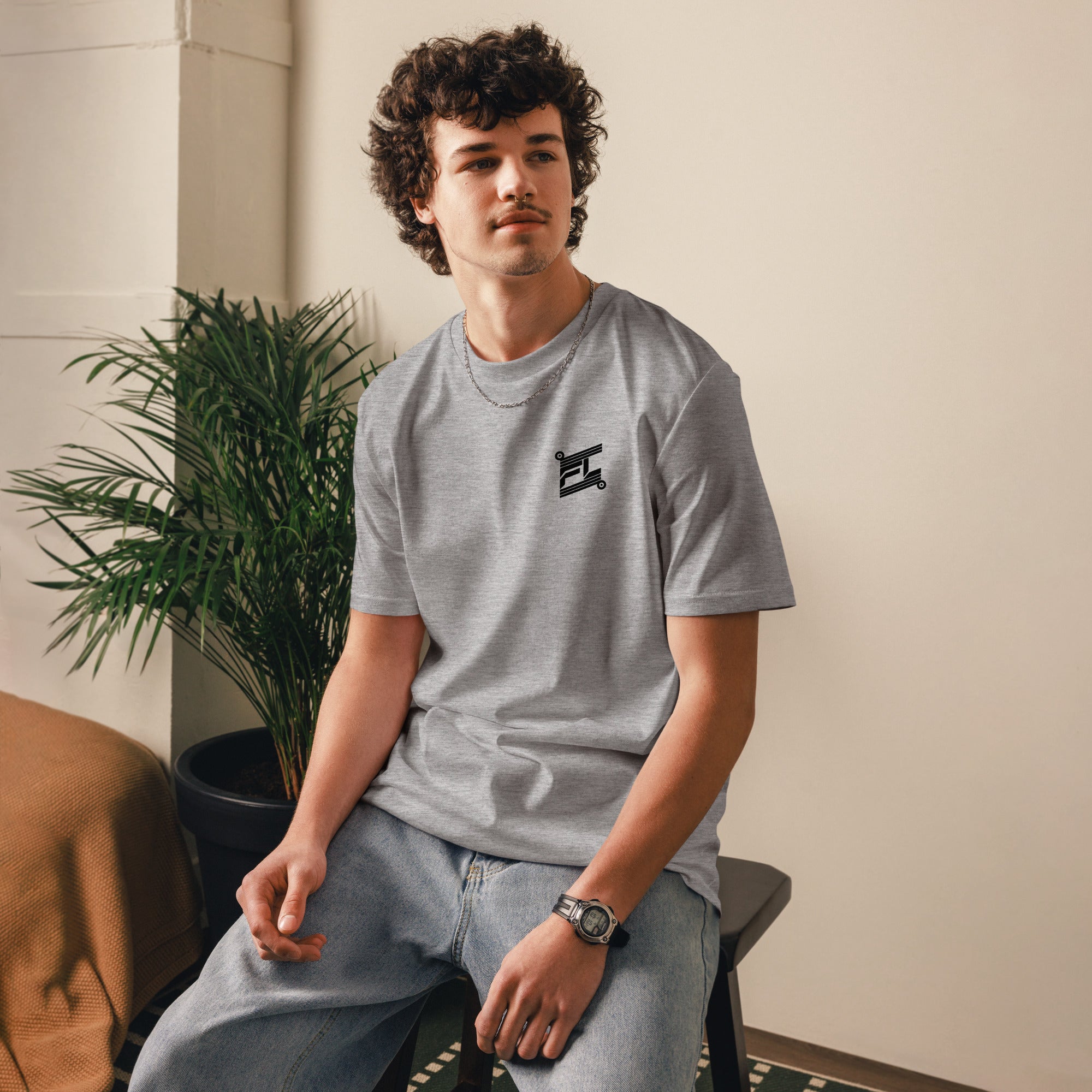 FL-FIT T-shirt oversize — homme, gris chiné, face avant, logo FL brodé poitrine, tombé ample épaules, coton bio