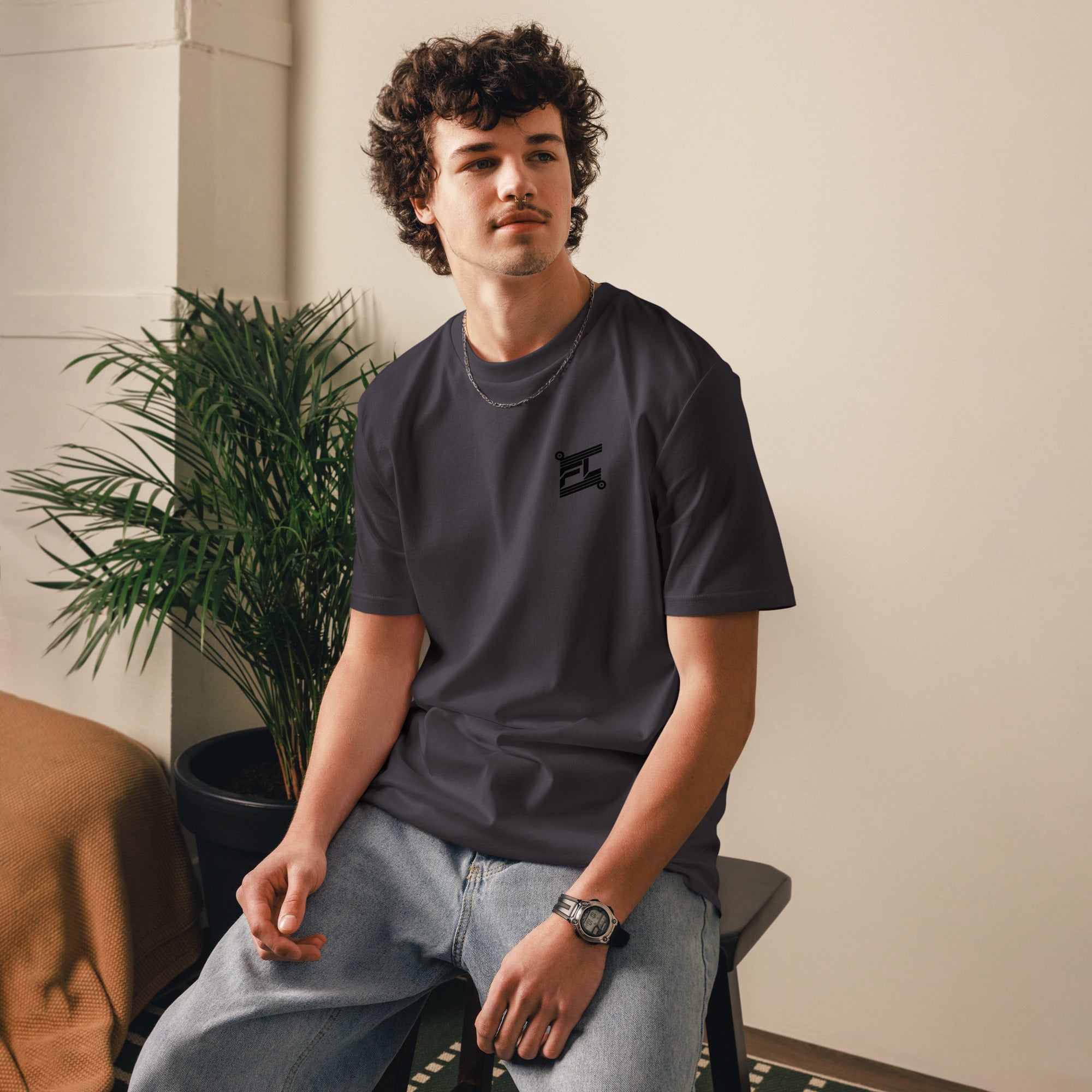 FL-FIT T-shirt oversize — homme, gris foncé, face avant, logo FL brodé poitrine, tombé ample épaules, coton bio