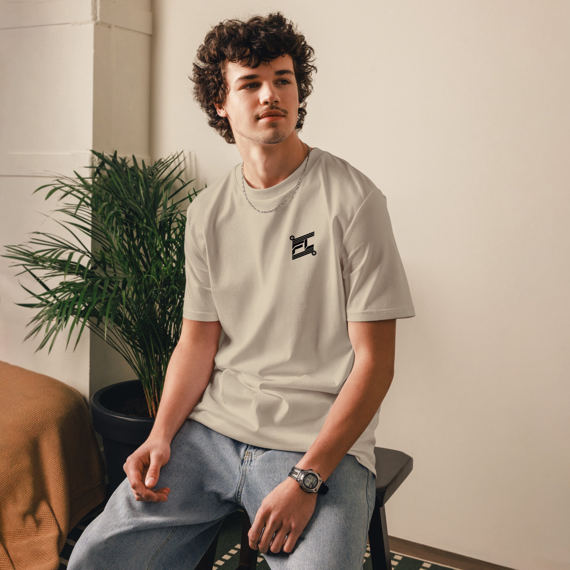 FL-FIT T-shirt oversize — homme, marron, face avant, logo FL brodé poitrine, tombé ample épaules, coton bio, terre de Sienne
