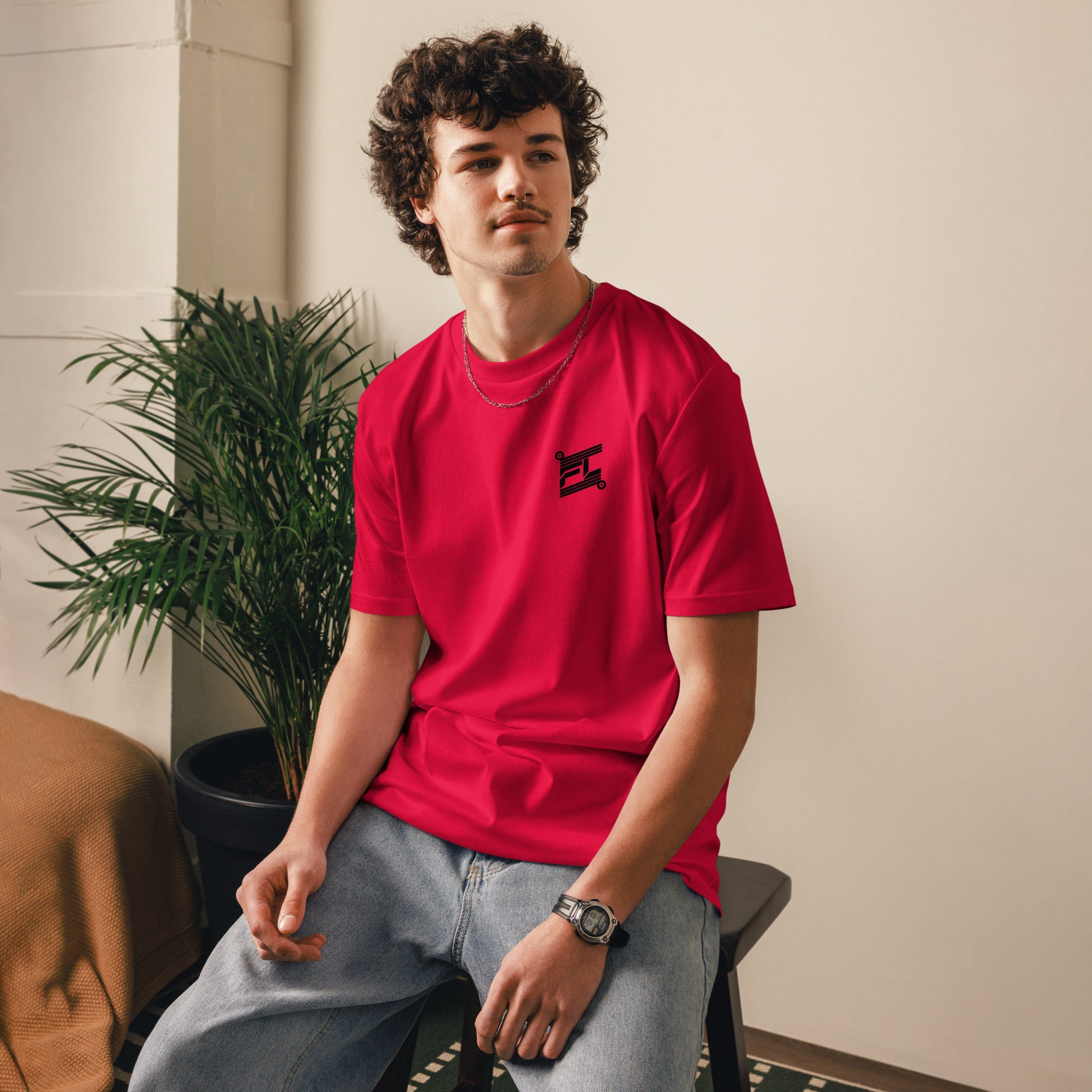 FL-FIT T-shirt oversize — homme, rouge, face avant, logo FL brodé poitrine, tombé ample épaules, coton bio, statement color