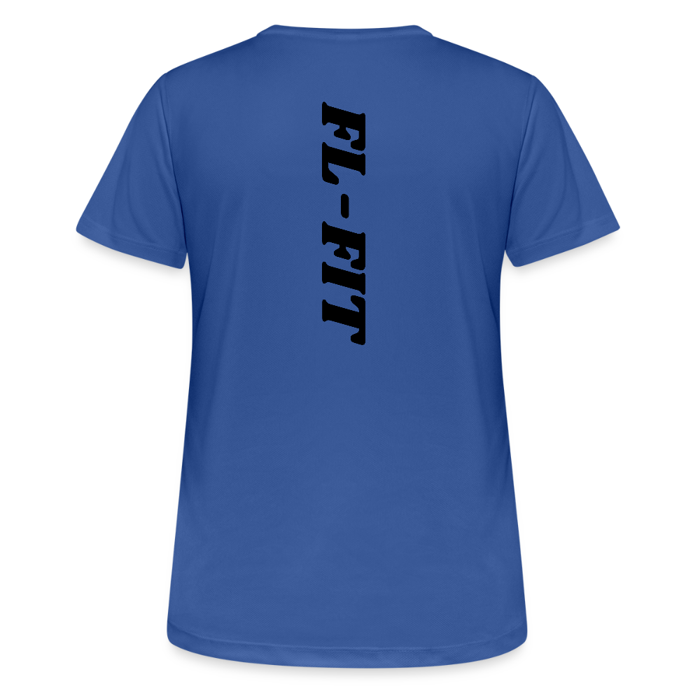 T-shirt respirant femme bleu ciel vue de face à plat, col rond, logo FL-FIT vertical imprimé dans le dos, fond blanc
