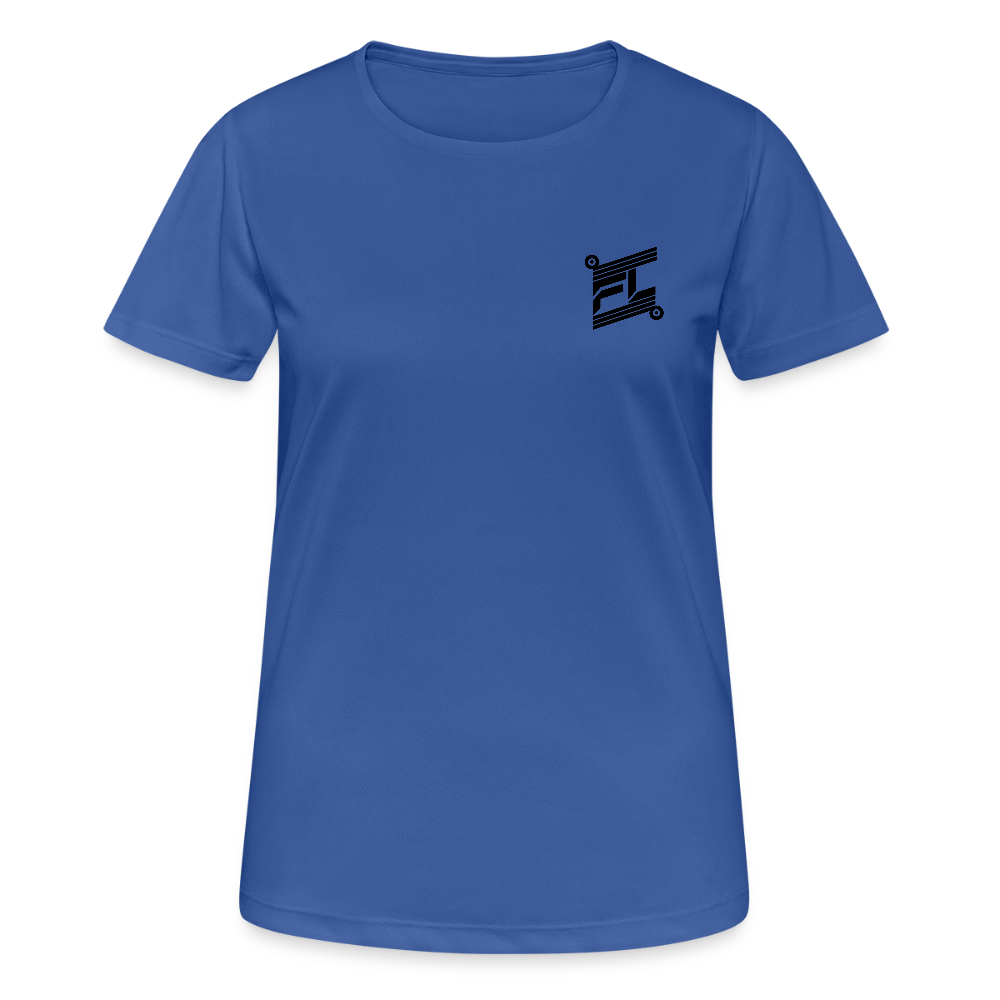 T-shirt respirant femme bleu ciel porté mannequin, col rond, coupe ajustée, logo FL-FIT vertical imprimé dans le dos, fond blanc