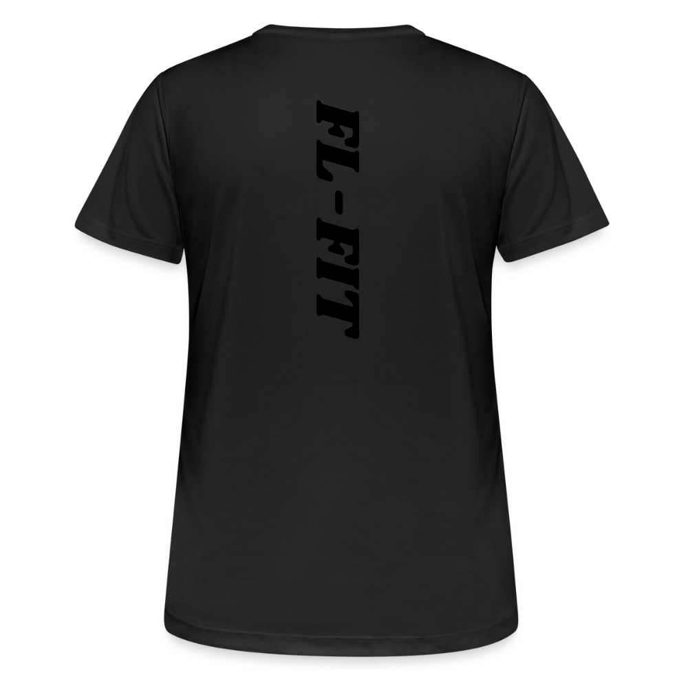 T-shirt respirant femme noir vue de face à plat, col rond, logo FL-FIT blanc vertical imprimé dans le dos, fond blanc
