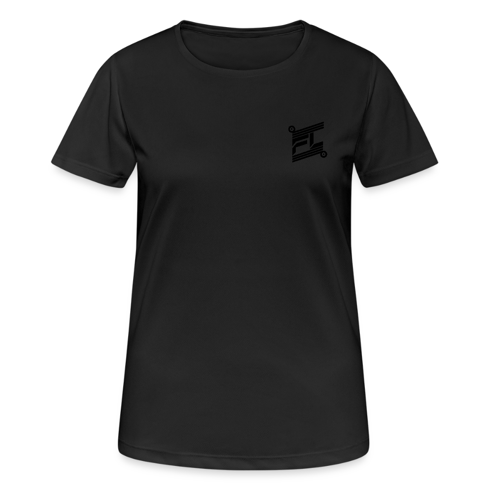 T-shirt respirant femme noir porté mannequin vue de face, col rond, coupe ajustée, sans logo visible, fond blanc