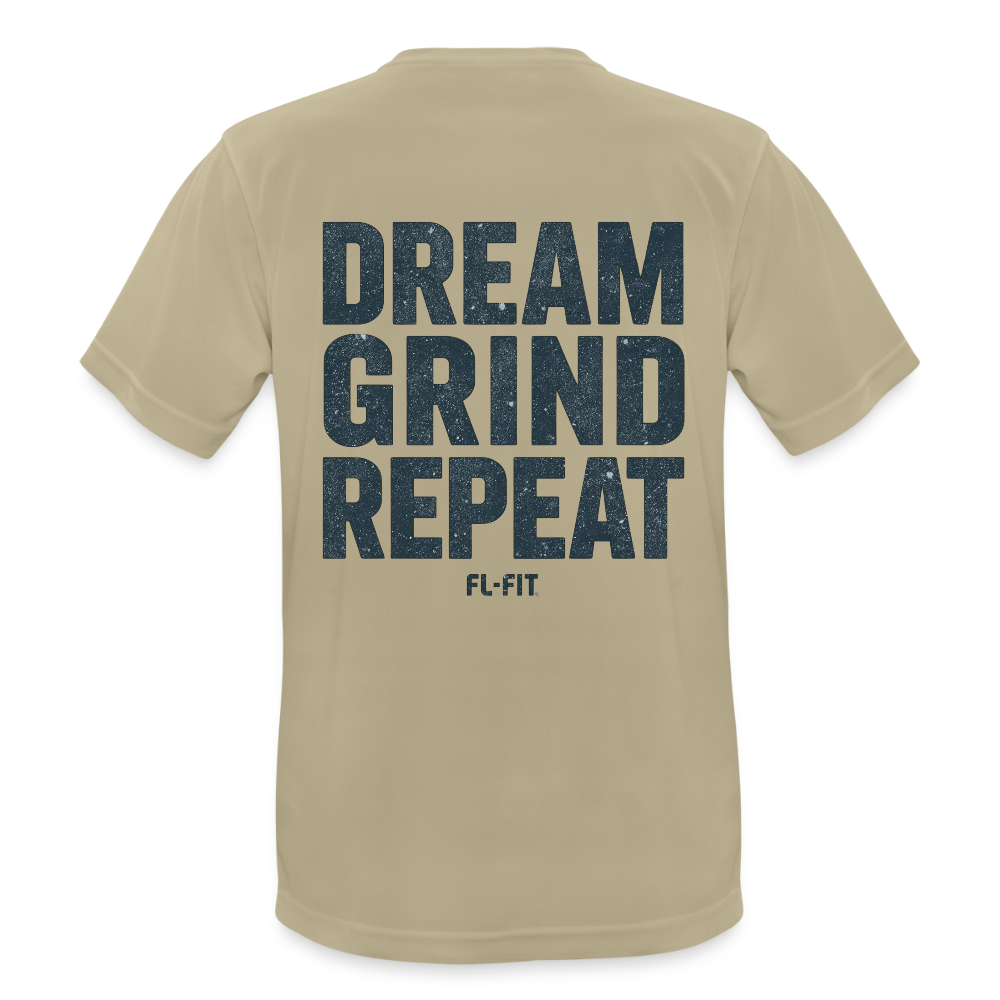 T-shirt respirant homme beige sable vue de face à plat, col rond, design minimaliste sans logo visible, fond blanc