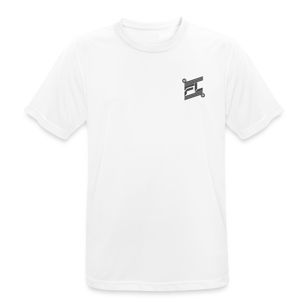 T-shirt respirant homme blanc vue de face à plat, col rond, design minimaliste sans logo visible, fond blanc
