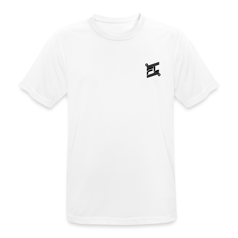 T-shirt respirant homme blanc vue de face à plat, col rond, manches courtes, tissu technique léger, fond blanc