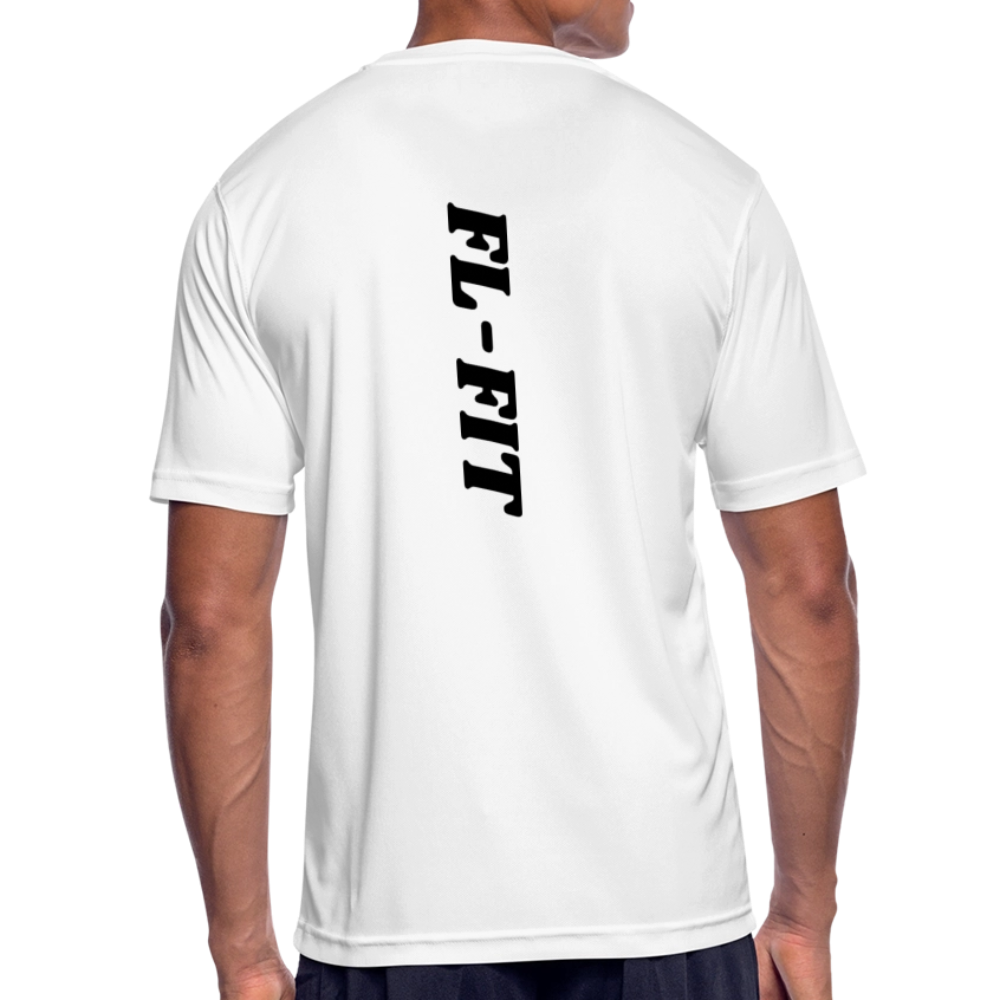 T-shirt respirant homme blanc avec logo FL noir imprimé poitrine, porté mannequin, col rond, manches courtes