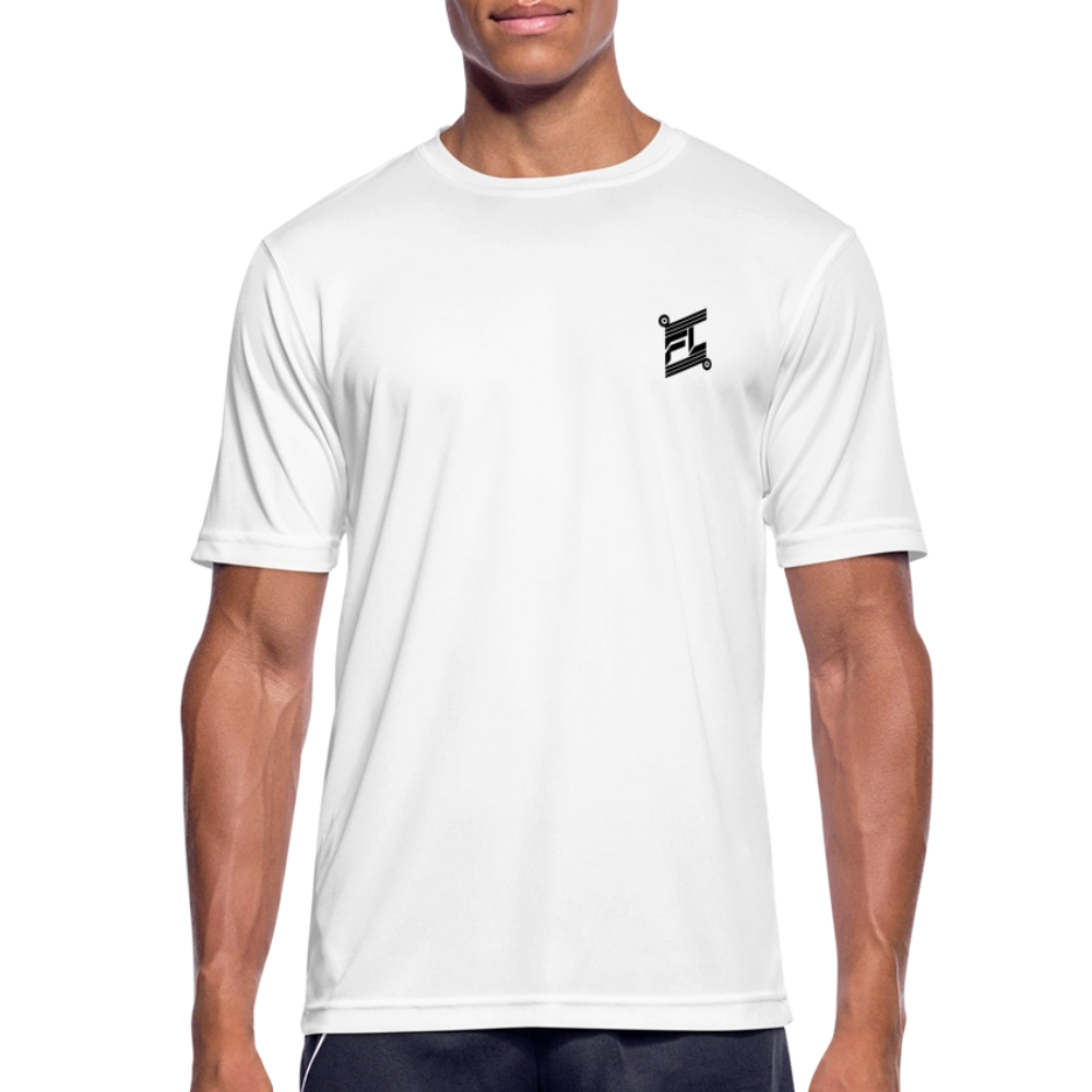 T-shirt respirant homme blanc vue de face à plat, col rond, manches courtes, tissu technique léger, fond blanc
