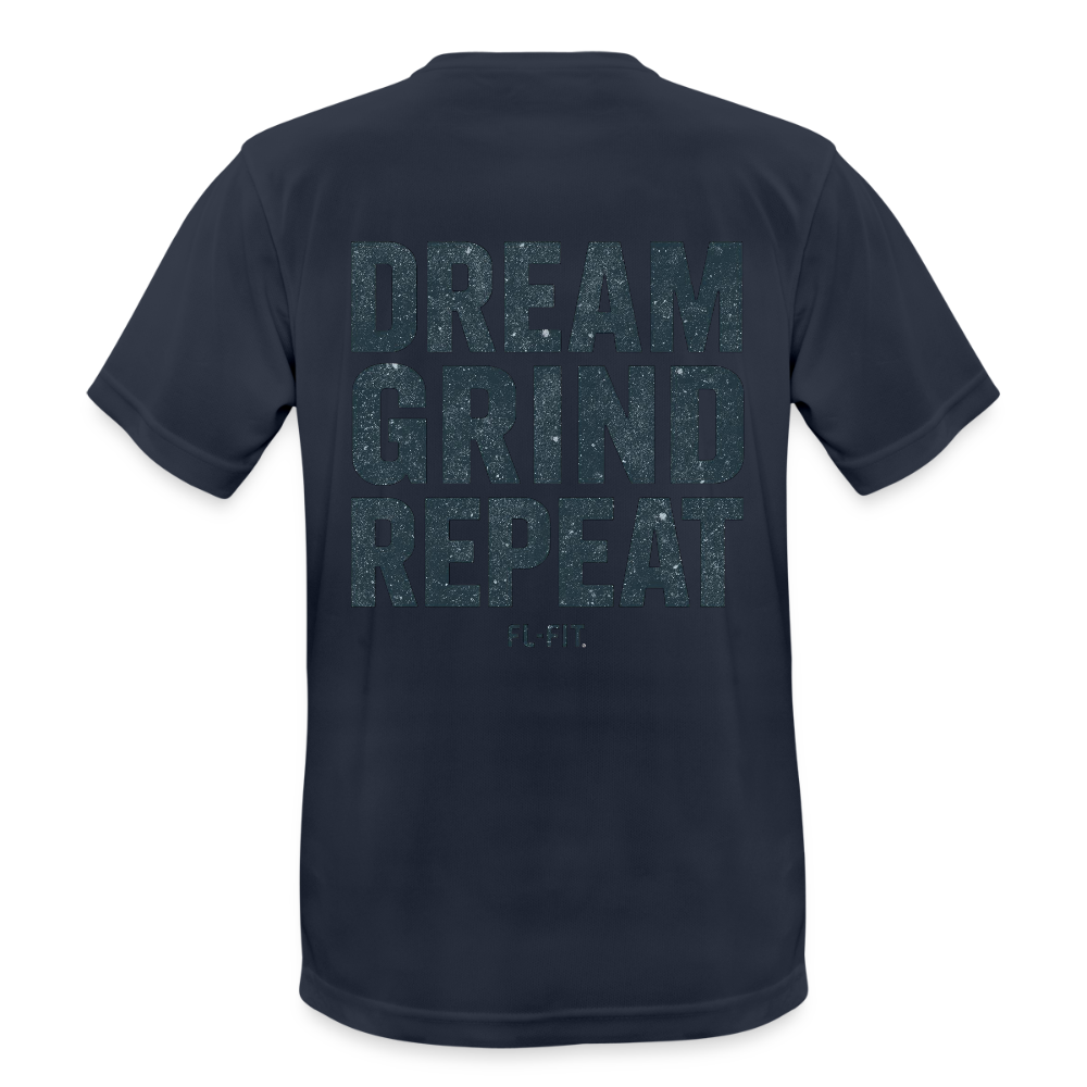 T-shirt respirant homme bleu marine foncé porté mannequin vue de face, col rond, coupe classique, design minimaliste sans logo visible, fond blanc