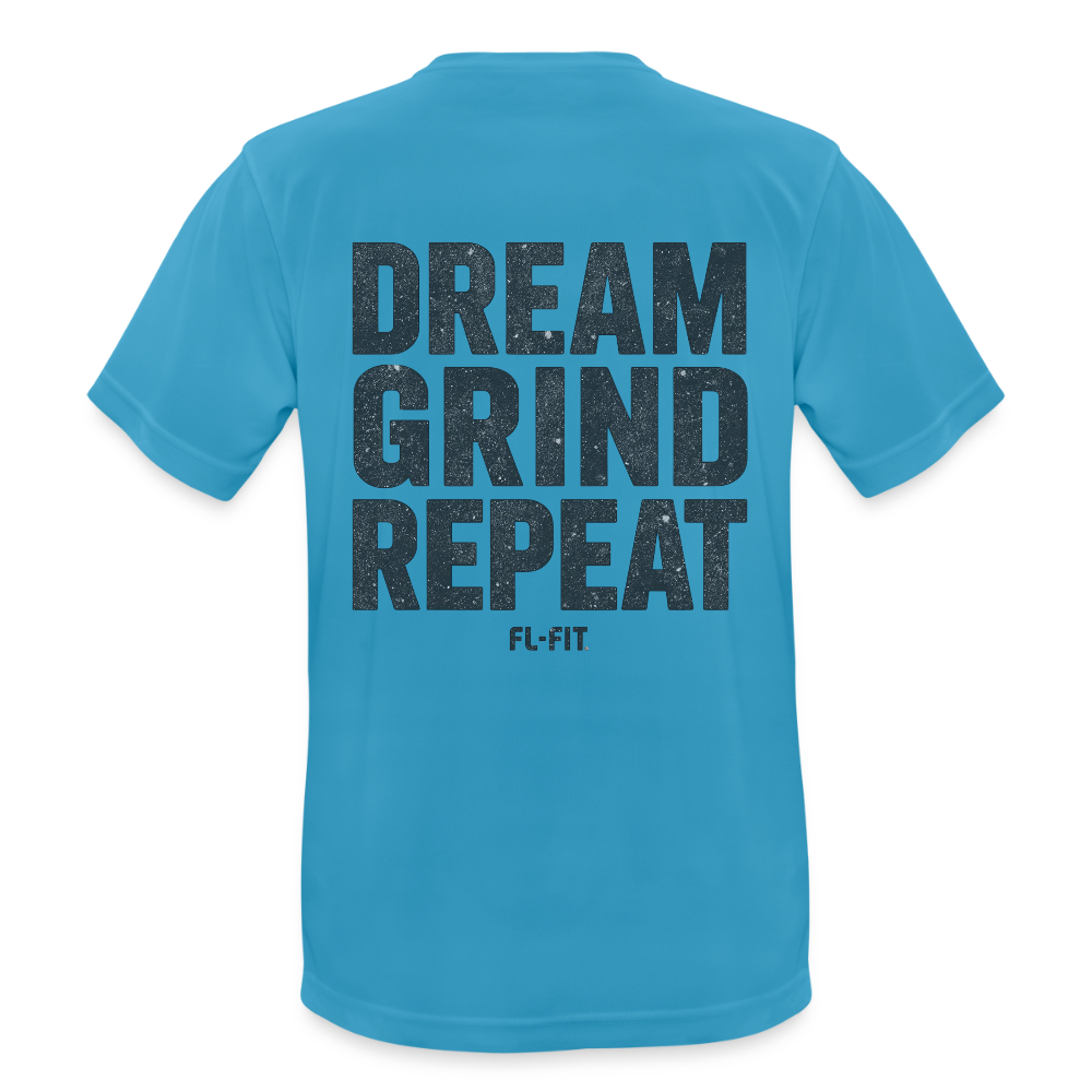 T-shirt respirant homme bleu saphir porté mannequin vue de face, col rond, coupe classique, texte graphique "DREAM GRIND REPEAT FL-FIT" imprimé sur la poitrine, fond blanc