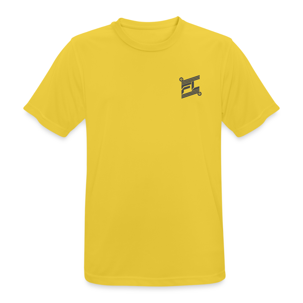 T-shirt respirant homme jaune soleil vue de face à plat, col rond, graphique "DREAM GRIND REPEAT FL-FIT" imprimé sur la poitrine, fond blanc
