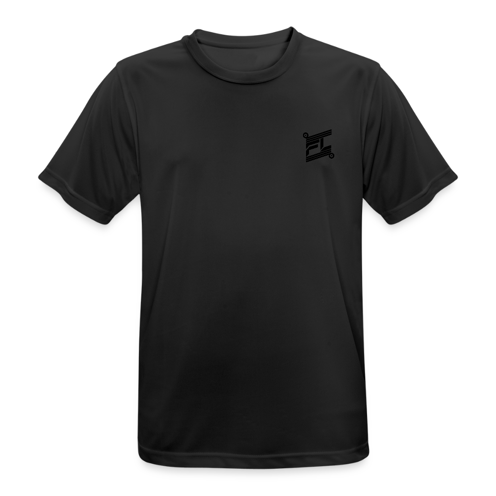 T-shirt respirant homme noir vue de face à plat, col rond, manches courtes, tissu technique léger, fond blanc