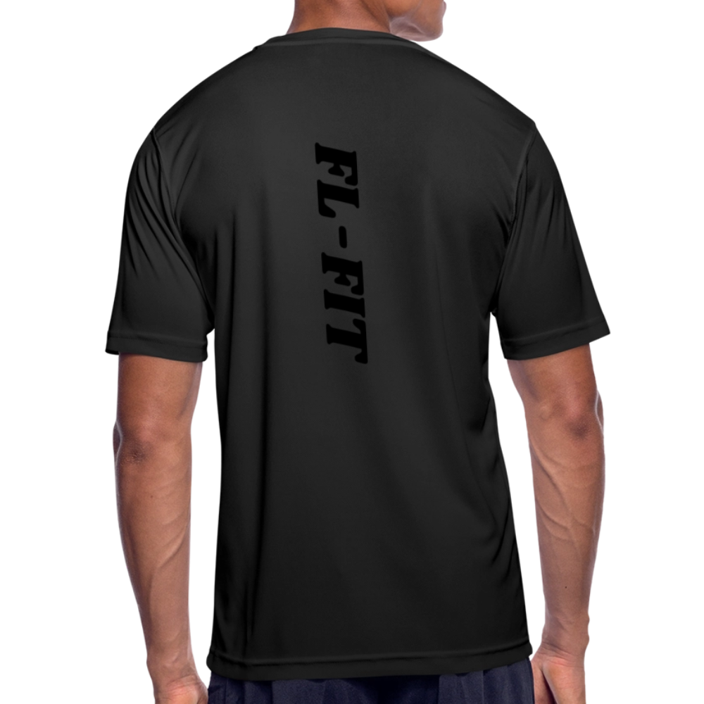 T-shirt respirant homme noir avec logo FL blanc imprimé poitrine, porté mannequin, col rond, manches courtes