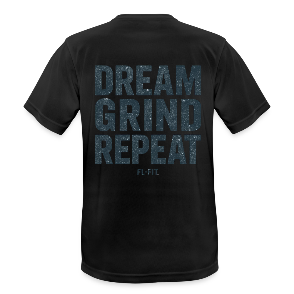 T-shirt respirant homme noir porté mannequin vue de face, col rond, coupe classique, graphique "DREAM GRIND REPEAT FL-FIT" imprimé sur la poitrine, fond blanc